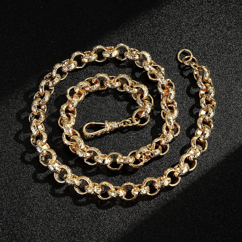 LUXURY GOLD 12MM DIAMOND CUT PATTERN BELCHER CHAIN AND BRACELET WITH ALBERT CLASP SET